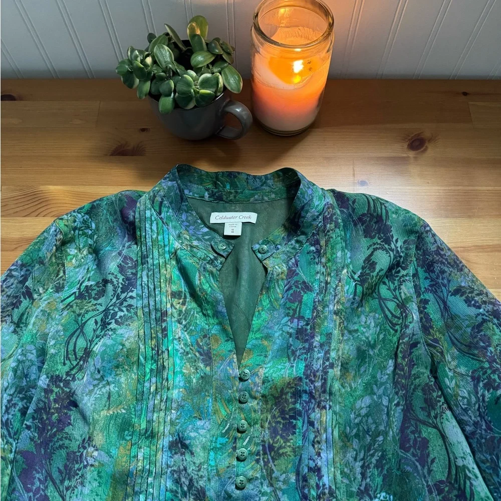 Coldwater Creek Green & Teal Floral Pintuck Button Blouse - Picture 1 of 8